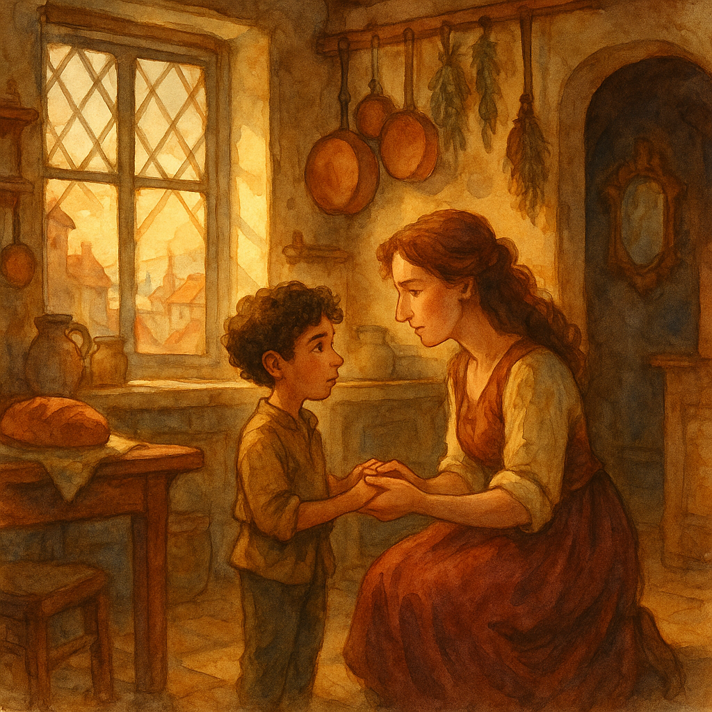 Lucio with his mother in their warm kitchen