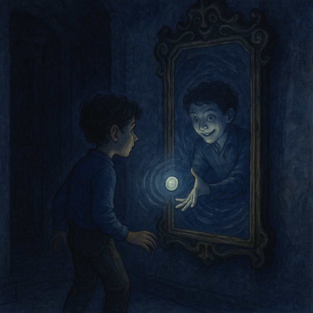 Lucio facing his sinister reflection in the mirror