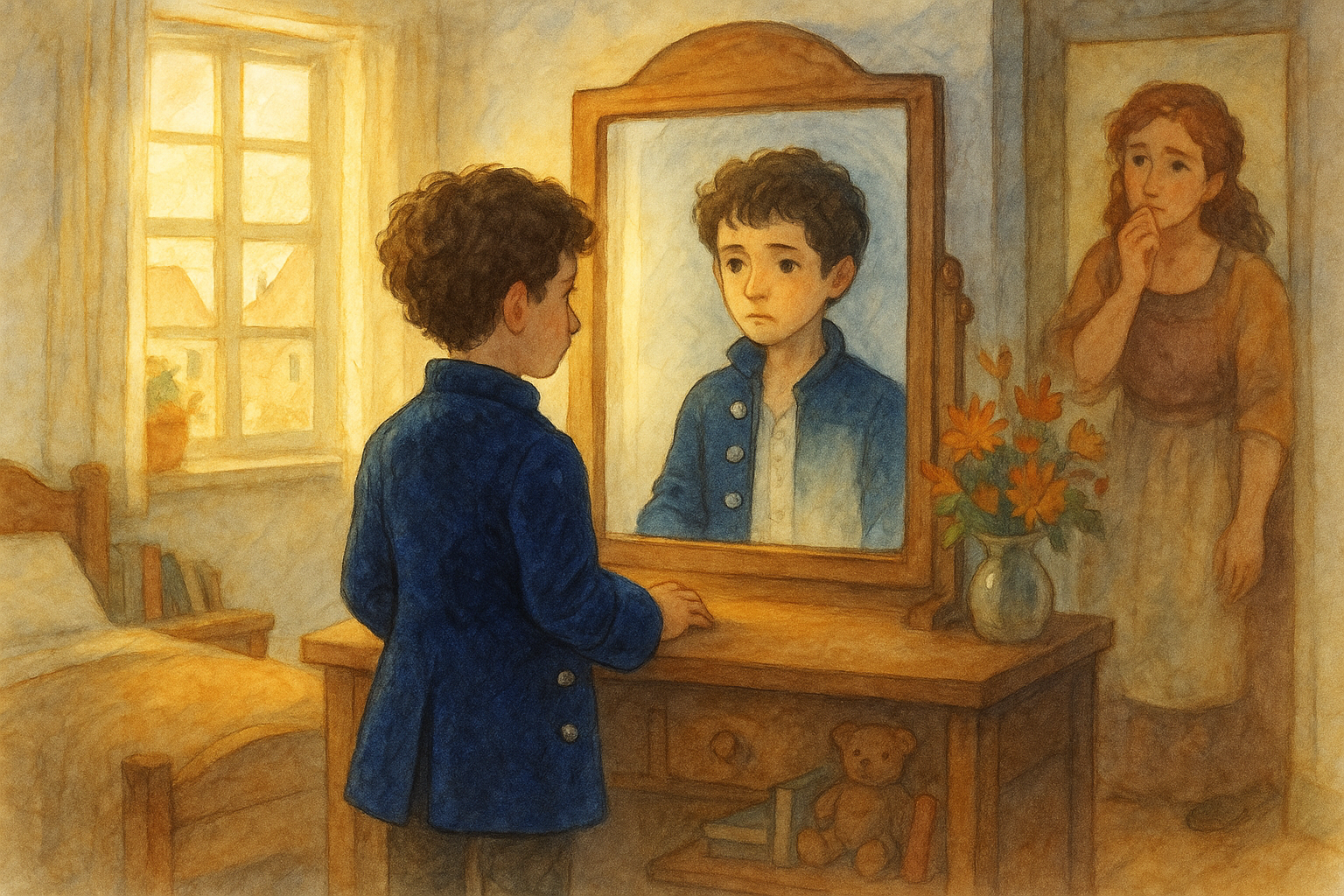 Lucio looking at his incomplete reflection while his mother watches in concern