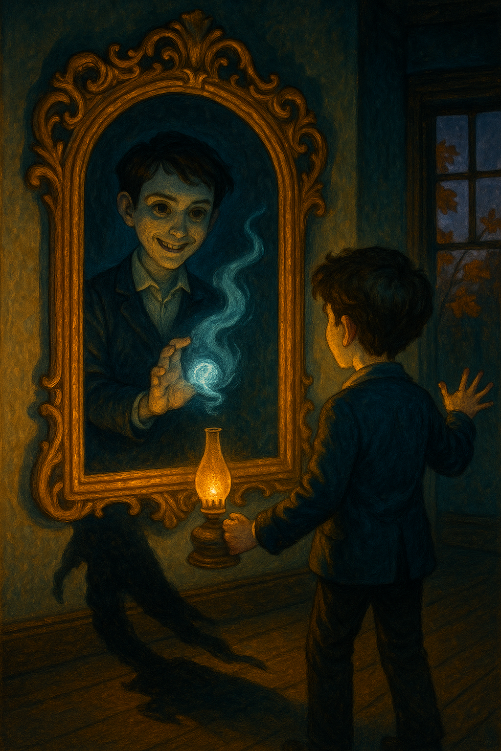 The reflection holds Lucio's stolen shadow while he watches in horror